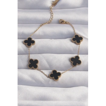 HEYF 316L Çelik Gold Renk Siyah Mineli Yonca Bileklik