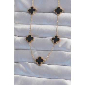 HEYF 316L Çelik Gold Renk Siyah Mineli Yonca Kolye