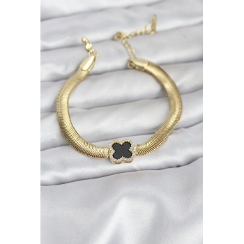 HEYF 316L Çelik Gold Renk Siyah Yonca Model Zirkon Taşlı Yılan Zincirli Kadın Bileklik