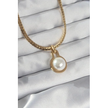 HEYF 316L Çelik Gold Renk Yassı Zincir İnci Taşlı Kolye