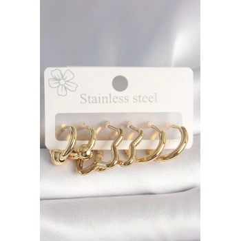 HEYF 316L Çelik Gold Renk Yıldız Halka Model Kadın Küpe Seti