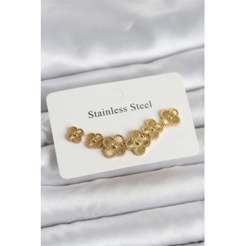 HEYF 316L Çelik Gold Renk Yonca Küpe Seti