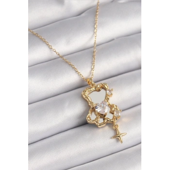 HEYF 316L Çelik Gold Renk Zincir Ayna Ayıcık Model Zirkon Taşlı Kalp Model Kadın Kolye