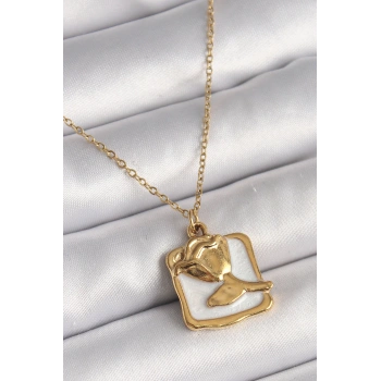 HEYF 316L Çelik Gold Renk Zincir Beyaz Mineli Gül Portre Model Kadın Kolye