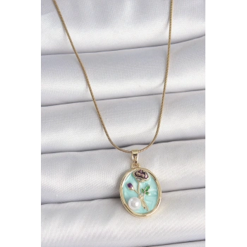 HEYF 316L Çelik Gold Renk Zincir Mavi Çiçek İşlemeli İnci Detay Portre Model Kadın Kolye