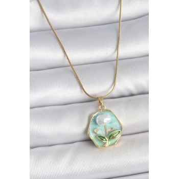 HEYF 316L Çelik Gold Renk Zincir Mavi Çiçek İşlemeli İnci İşlemeli Portre Model Kadın Kolye