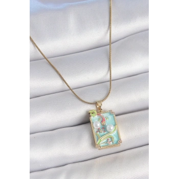 HEYF 316L Çelik Gold Renk Zincir Mavi Mineli İncili Çiçek İşlemeli Portre Model Kadın Kolye