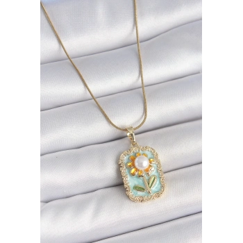 HEYF 316L Çelik Gold Renk Zincir Mavi Mineli İncili Papatya İşlemeli Portre Model Kadın Kolye