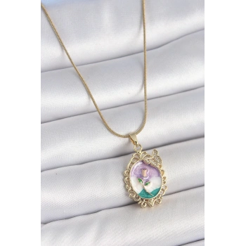 HEYF 316L Çelik Gold Renk Zincir Mix Renk Mineli Çiçek İşlemeli Zirkon Taş Detaylı Portre Model Kadın Kolye