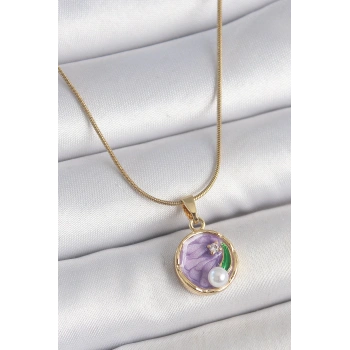 HEYF 316L Çelik Gold Renk Zincir Mor Çiçek İşlemeli Zirkon Taş İnci Detaylı Minimal Portre Model Kadın Kolye