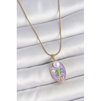 HEYF 316L Çelik Gold Renk Zincir Mor Mineli Oval İncili Çiçek İşlemeli Portre Model Kadın Kolye