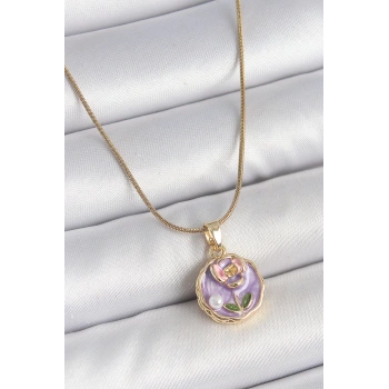 HEYF 316L Çelik Gold Renk Zincir Mor Minimal Çiçek İşlemeli İnci Detay Portre Model Kadın Kolye