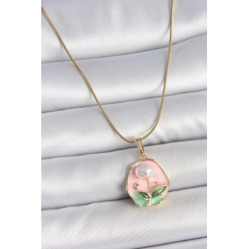 HEYF 316L Çelik Gold Renk Zincir Pembe Çiçek İşlemeli İnci Detay Portre Model Kadın Kolye