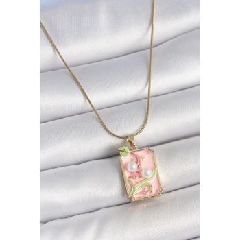HEYF 316L Çelik Gold Renk Zincir Pembe Mineli İncli Çiçek İşlemeli Portre Model Kadın Kolye
