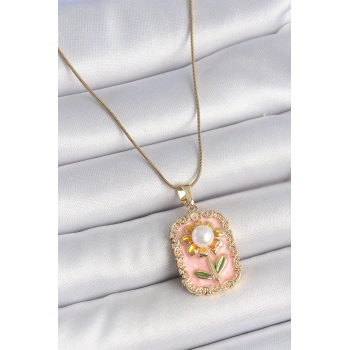 HEYF 316L Çelik Gold Renk Zincir Pembe Mineli İncli Papatya Model Portre Model Kadın Kolye