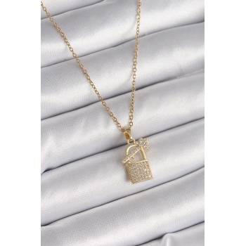 HEYF 316L Çelik Gold Renk Zincir Zirkon Taşlı Asma Kilit Anahtar Model Kadın Kolye