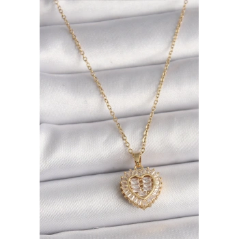 HEYF 316L Çelik Gold Renk Zincir Zirkon Taşlı Kalp Model Kadın Kolye