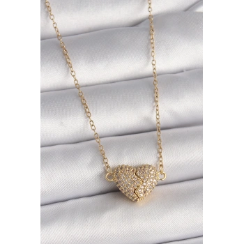 HEYF 316L Çelik Gold Renk Zincir Zirkon Taşlı Mıknatıslı Kalp Model Kadın Kolye