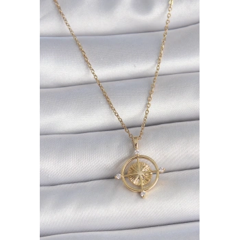 HEYF 316L Çelik Gold Renk Zincir Zirkon Taşlı Pusula Model Kadın Kolye