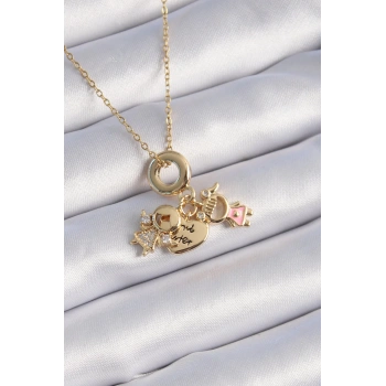 HEYF 316L Çelik Gold Renk Zirkon Taş Detay Çocuk Figür Charm Model Kadın Kolye