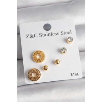 HEYF 316L Çelik Gold Renk Zirkon Taşı Labirent Model Kadın Küpe Seti