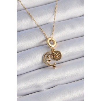 HEYF 316L Çelik Gold Renk Zirkon Taşlı Ay Yıldız  Model Charm Model Kadın Kolye