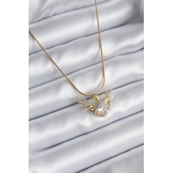 HEYF 316L Çelik Gold Renk Zirkon Taşlı Boynuz Model Kadın Kolye