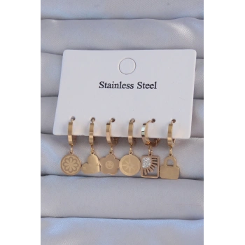 HEYF 316L Çelik Gold Renk Zirkon Taşlı Çiçek Figürlü Kalp Model Halka Küpe Seti