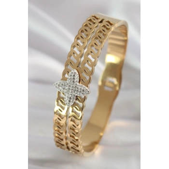 HEYF 316L Çelik Gold Renk Zirkon Taşlı Çiçek Model Kadın Kelepçe
