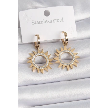 HEYF 316L Çelik Gold Renk Zirkon Taşlı Güneş Model Kadın Küpe