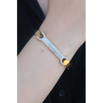 HEYF 316L Çelik Gold Renk Zirkon Taşlı Kadın Kelepçe