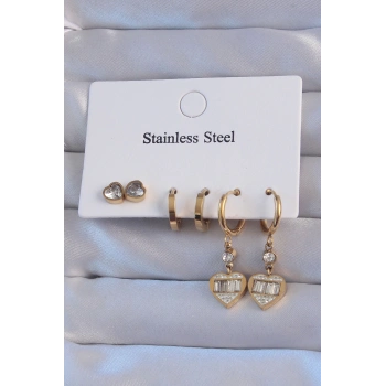 HEYF 316L Çelik Gold Renk Zirkon Taşlı Kalp Model Halka Küpe Seti