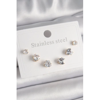 HEYF 316L Çelik Gold Renk Zirkon Taşlı Kalp Model Kadın Küpe Seti