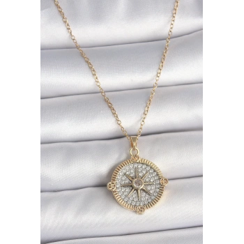 HEYF 316L Çelik Gold Renk Zirkon Taşlı Pusula Model Kadın Kolye