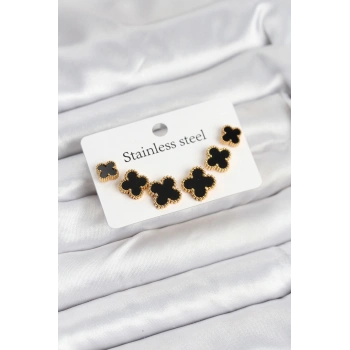 HEYF 316L Çelik Gold Siyah Renk 3 Boy Yonca Küpe Seti