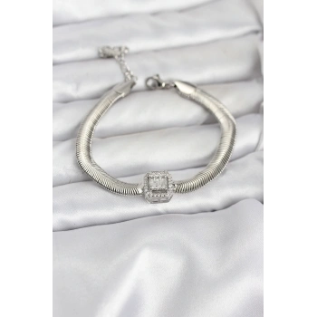 HEYF 316L Çelik Gümüş Renk Baget Zirkon Taşlı Yılan Zincirli Kadın Bileklik