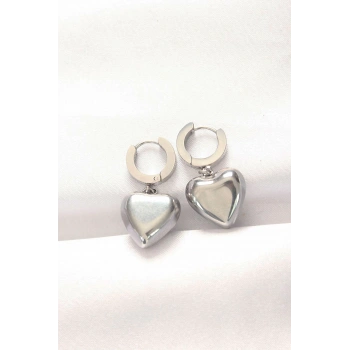 HEYF 316L Çelik Gümüş Renk Bombeli Kalp Tasarımlı Küpe