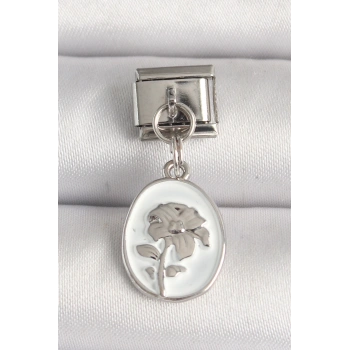 HEYF 316L Çelik Gümüş Renk Çiçek İşlemeli Beyaz Portre Model Nomination Charm