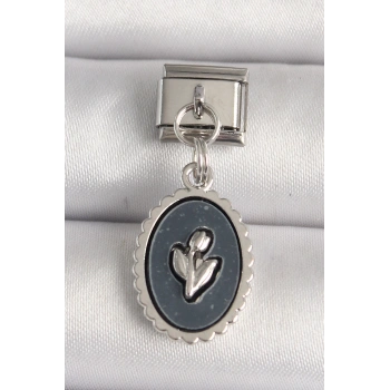 HEYF 316L Çelik Gümüş Renk Çiçek İşlemeli Siyah Portre Model Nomination Charm