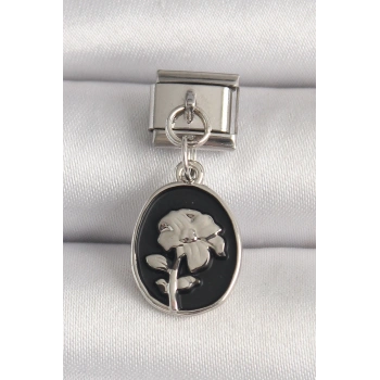 HEYF 316L Çelik Gümüş Renk Gümüş Çiçek İşlemeli Siyah Portre Model Nomination Charm