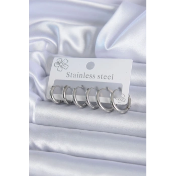 HEYF 316L Çelik Gümüş Renk Halka Kadın Küpe Seti