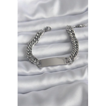 HEYF 316L Çelik Gümüş Renk İsim Yazılabilir Plaka Model Kadın Bileklik