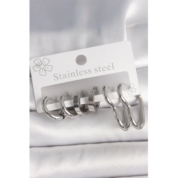 HEYF 316L Çelik Gümüş Renk Kalp Halka Model Kadın Küpe Seti