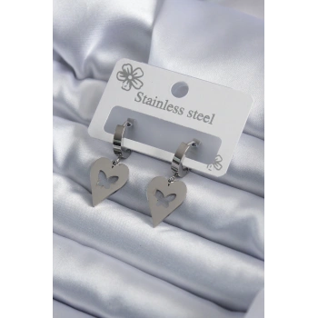 HEYF 316L Çelik Gümüş Renk Kalp Model Kelebek İşleme Kadın Küpe
