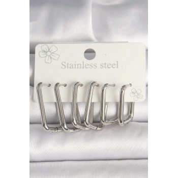 HEYF 316L Çelik Gümüş Renk Kare Model Kadın Küpe Seti