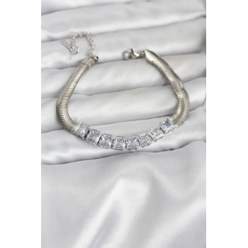 HEYF 316L Çelik Gümüş Renk Kare Zirkon Taşlı Yılan Zincirli Kadın Bileklik