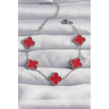 HEYF 316L Çelik Gümüş Renk Kırmızı Mineli Yonca Bileklik