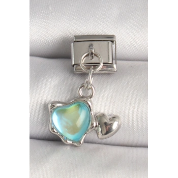 HEYF 316L Çelik Gümüş Renk Mavi Mineli Kalp Model Nomination Charm