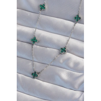 HEYF 316L Çelik Gümüş Renk Minimal Yeşil Mineli Yonca Kolye