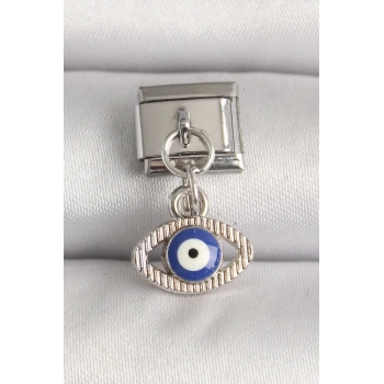 HEYF 316L Çelik Gümüş Renk Nazar Boncuk Detaylı Göz Model Nomination Charm
